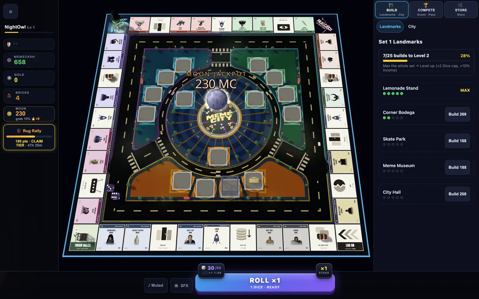 The game on a computer. The Landmarks panel on the right shows Set 1: Lemonade Stand at MAX, Corner Bodega at level 2, and Skate Park, Meme Museum and City Hall still to build, with 7 of 25 builds done toward level 2.