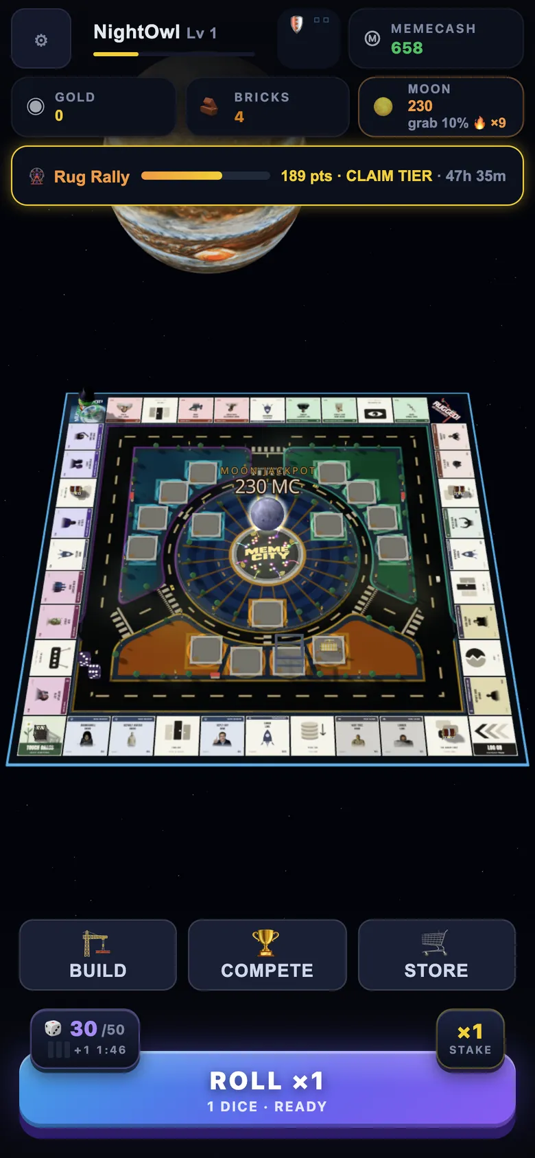 The game on a phone: MemeCash, Gold, Bricks and the Moon pot along the top, the 3D board in the middle, and the dice count, stake and Roll button at the bottom.