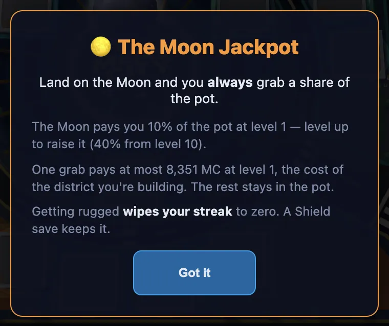 The Moon Jackpot rules card from the game, explaining the grab, the per-grab limit and the streak.